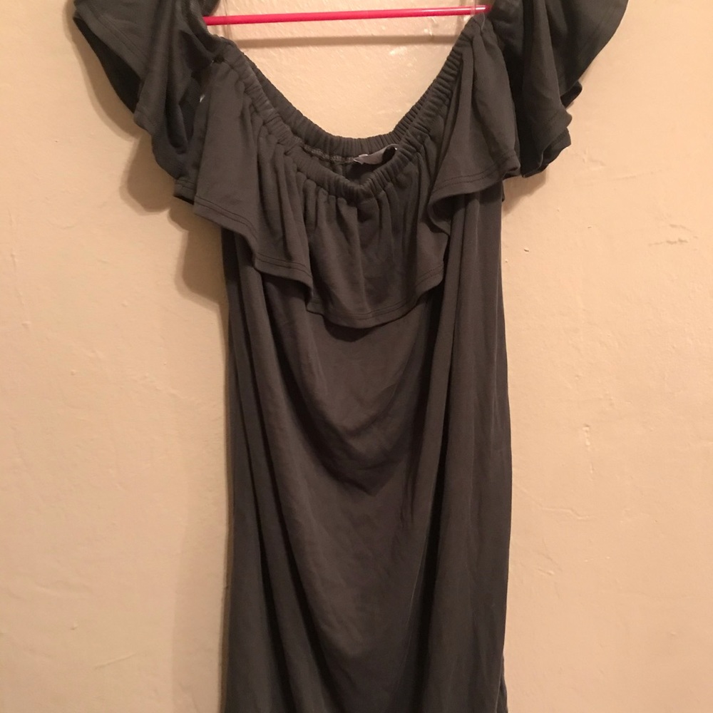 olive green off the shoulder ruffle dress .